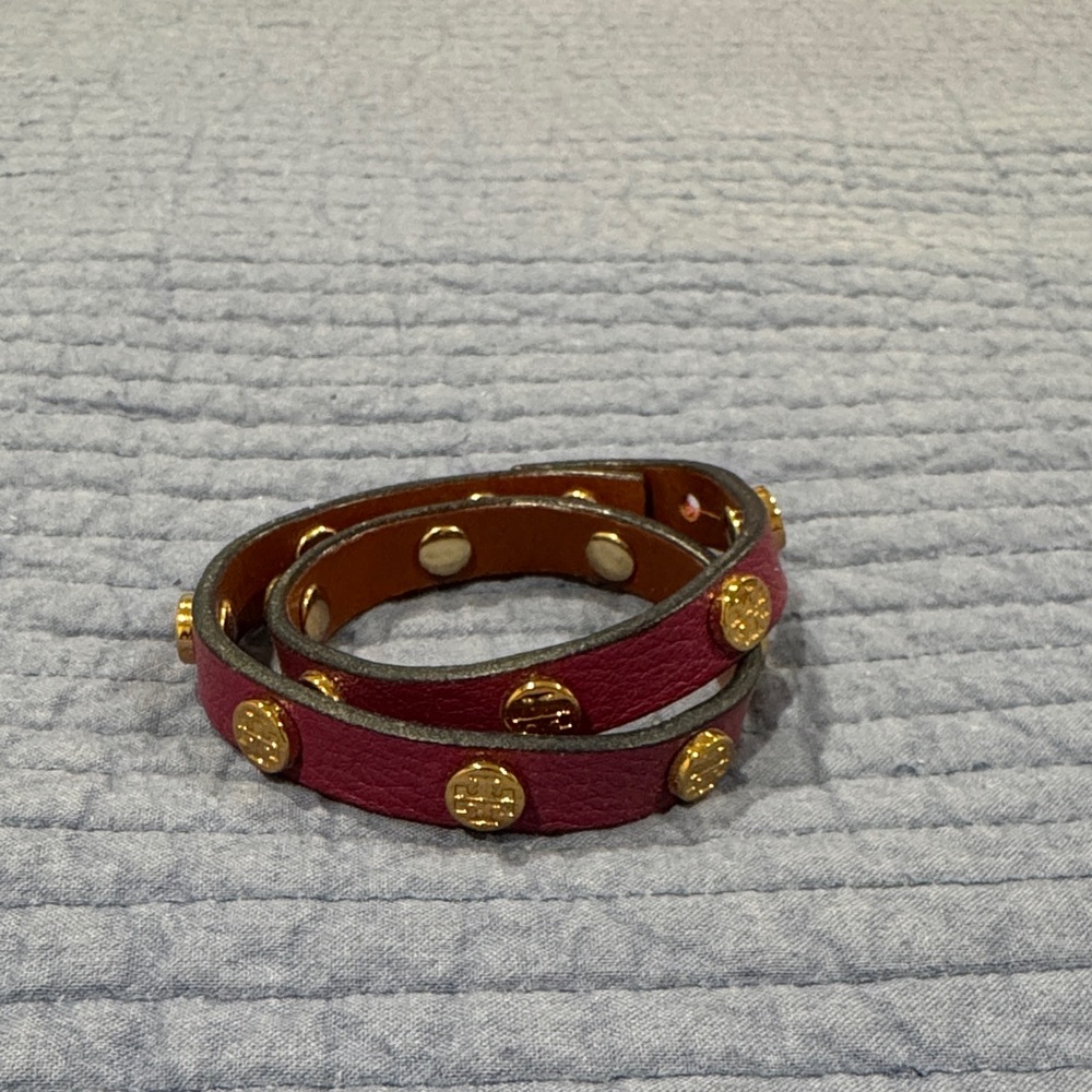 Tory Burch Magenta Leather Wrap Bracelet with Gold Accents